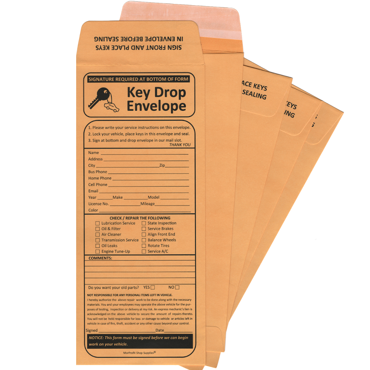 Night Drop Key Envelopes for Auto Repair Shops