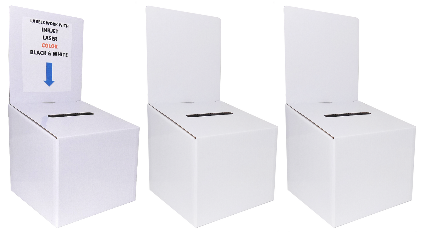 3 Pack Ballot Boxes Medium Size Cardboard Glossy White with Blank Labels